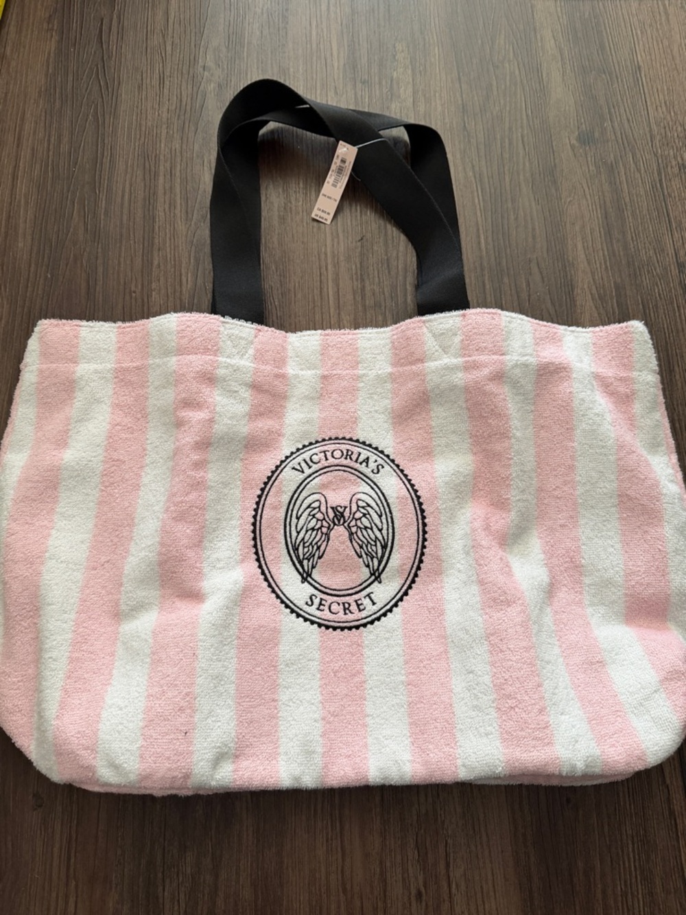 Victoria's Secret Pink and White Striped Terry Tote with Black Handles